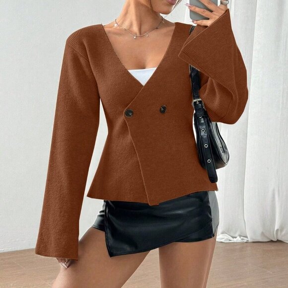Brown Casual Women's Button Front Long Sleeve knit cardigan - Picture 6 of 7
